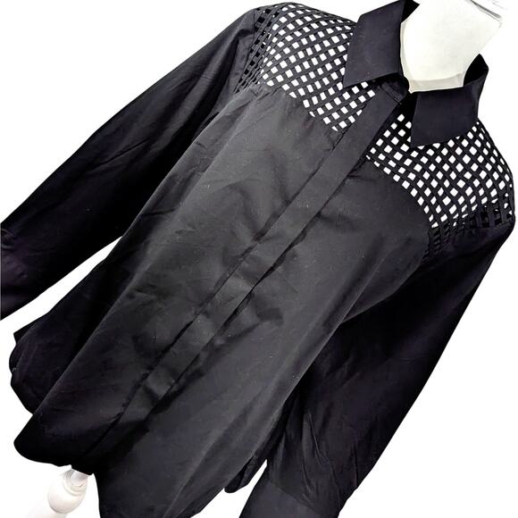 VICTOR COSTA OCCASION! LUXE BLACK COTTON+ BASKET WEAVE DETAIL BLOUSE, TOP! SZ 1X - Picture 1 of 8